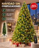 Árbol de Navidad verde de pino de Monterey con ramas largas, soporte de metal y micro LED de colores integrados